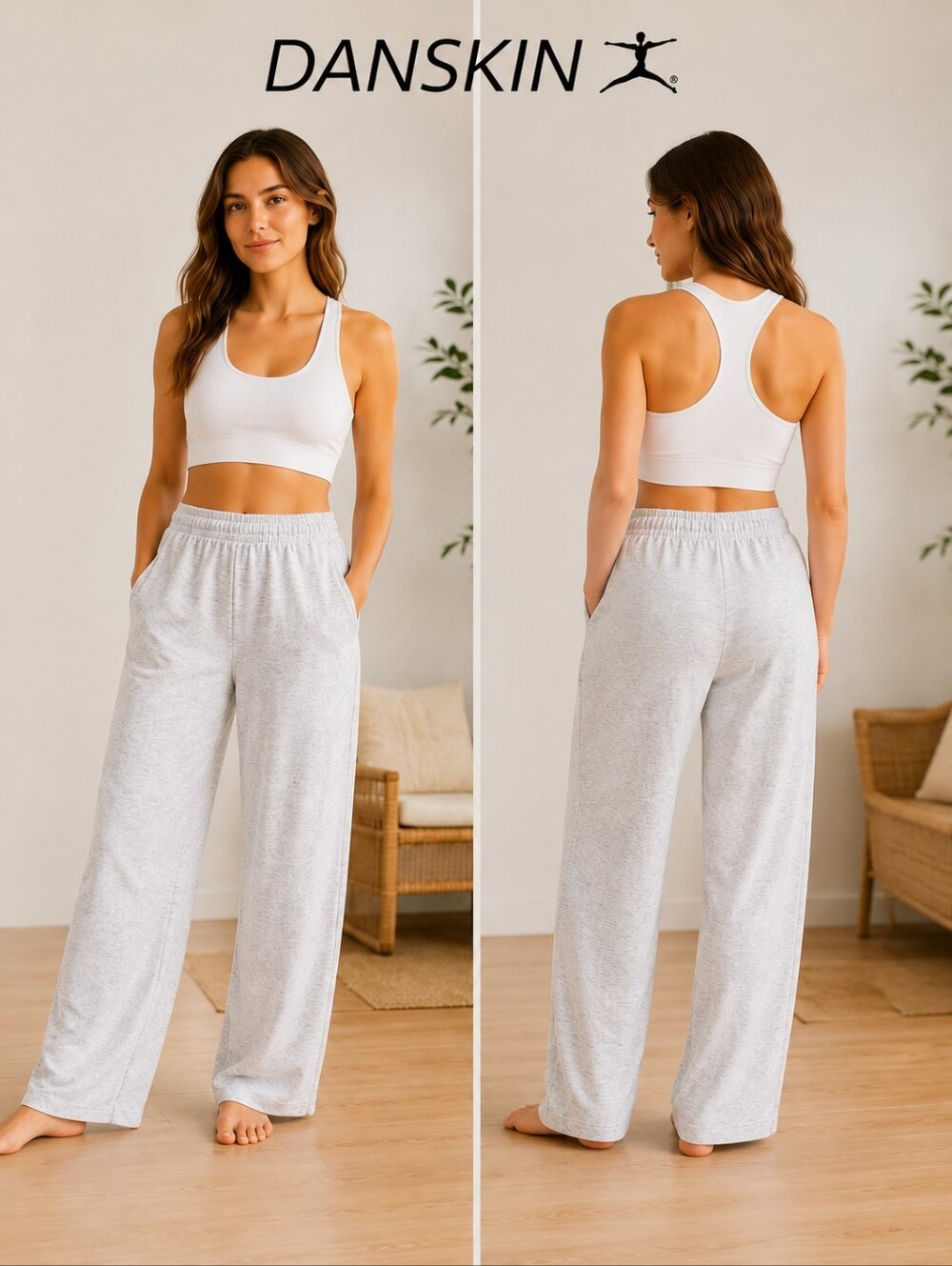 Danskin Heather Gray Wide Leg Lounge Pants Elastic Waist Soft Casual Size Large